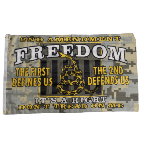 1st Defines Us The 2nd Defends Us 3x5 flag made of durable nylon, showing powerful messaging regarding freedom and rights in vibrant design.