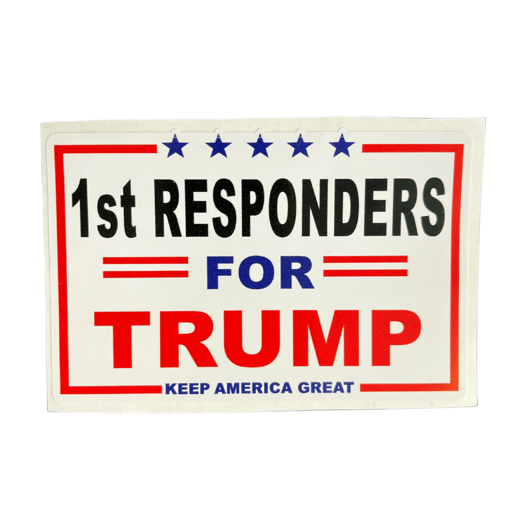 1st Responders For Trump Sticker featuring patriotic design and bold text, displayed on a car window, emphasizing support for first responders.