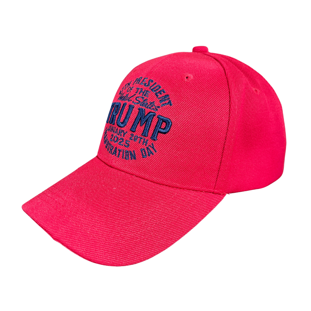 47th President Inauguration Day Red Hat with high-quality navy embroidery on a vibrant red base, showcasing patriotic spirit for events and rallies.