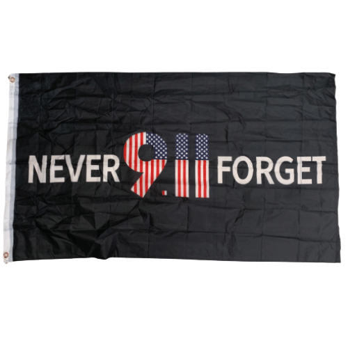 911 Never Forget 3x5 Flag featuring bold white lettering on a black background, symbolizing remembrance of September 11, 2001.