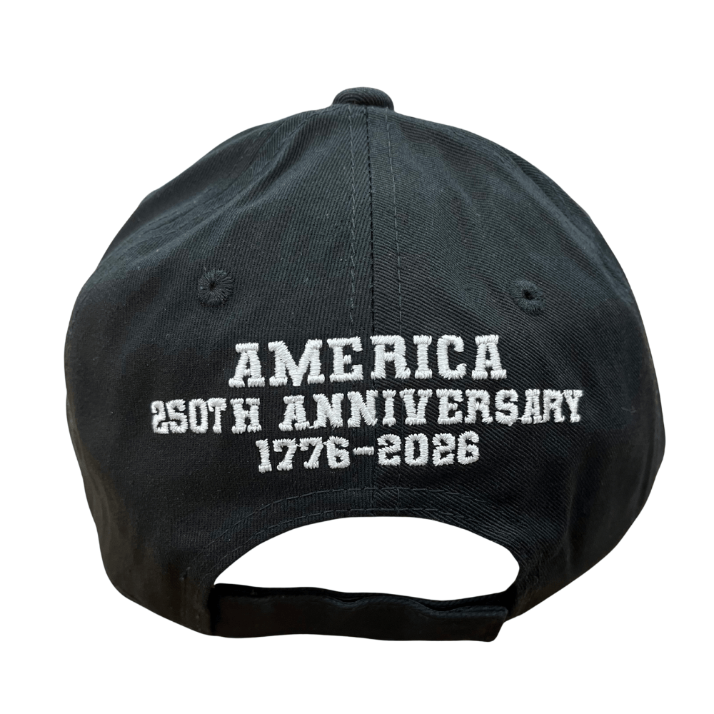 America 250th Anniversary Black Hat featuring raised embroidery with American flag design on the bill, perfect for patriotic events.