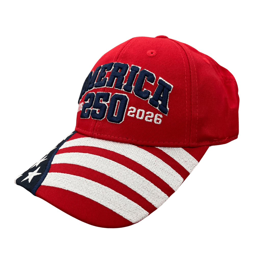 America 250th Anniversary Red Hat featuring bold 'AMERICA 250' embroidery and American flag design on bill, perfect for patriotic celebrations.