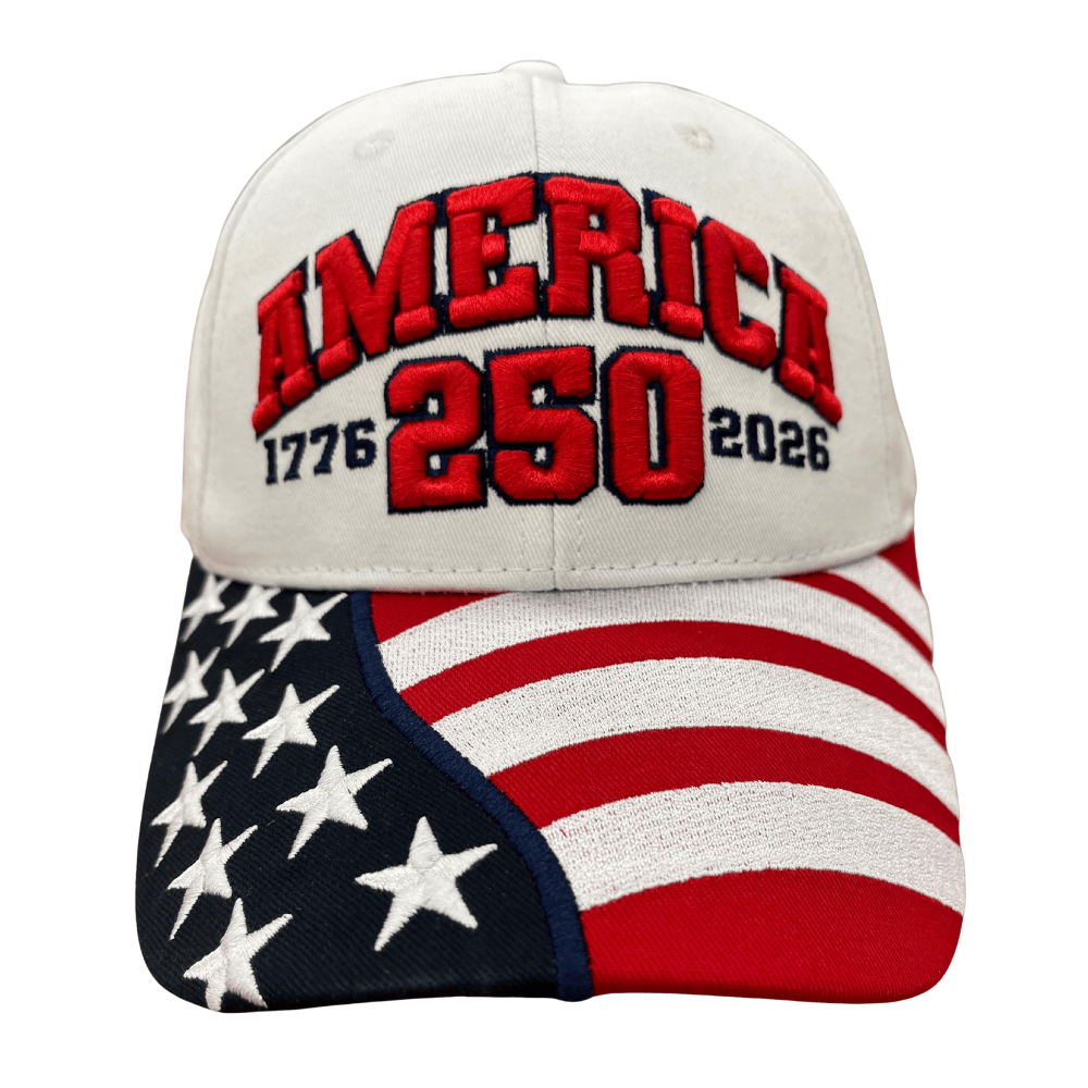 America 250th Anniversary White Hat with red and navy embroidery celebrating 250 years of U.S. history, featuring an American flag across the brim.