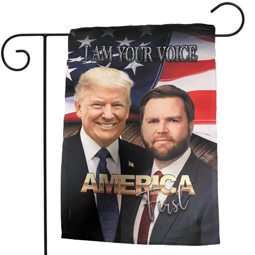 America First Trump Vance Portrait Garden Flag featuring portraits of Donald Trump and J.D. Vance in vibrant colors, displayed outdoors in a garden setting.