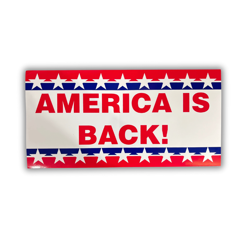 America Is Back bumper sticker on a car bumper, vibrant patriotic design on outdoor-grade vinyl, showcasing American pride.