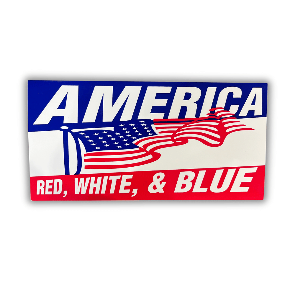 America RWB bumper sticker featuring red, white, and blue design on a vehicle bumper, showcasing American pride in an outdoor setting.