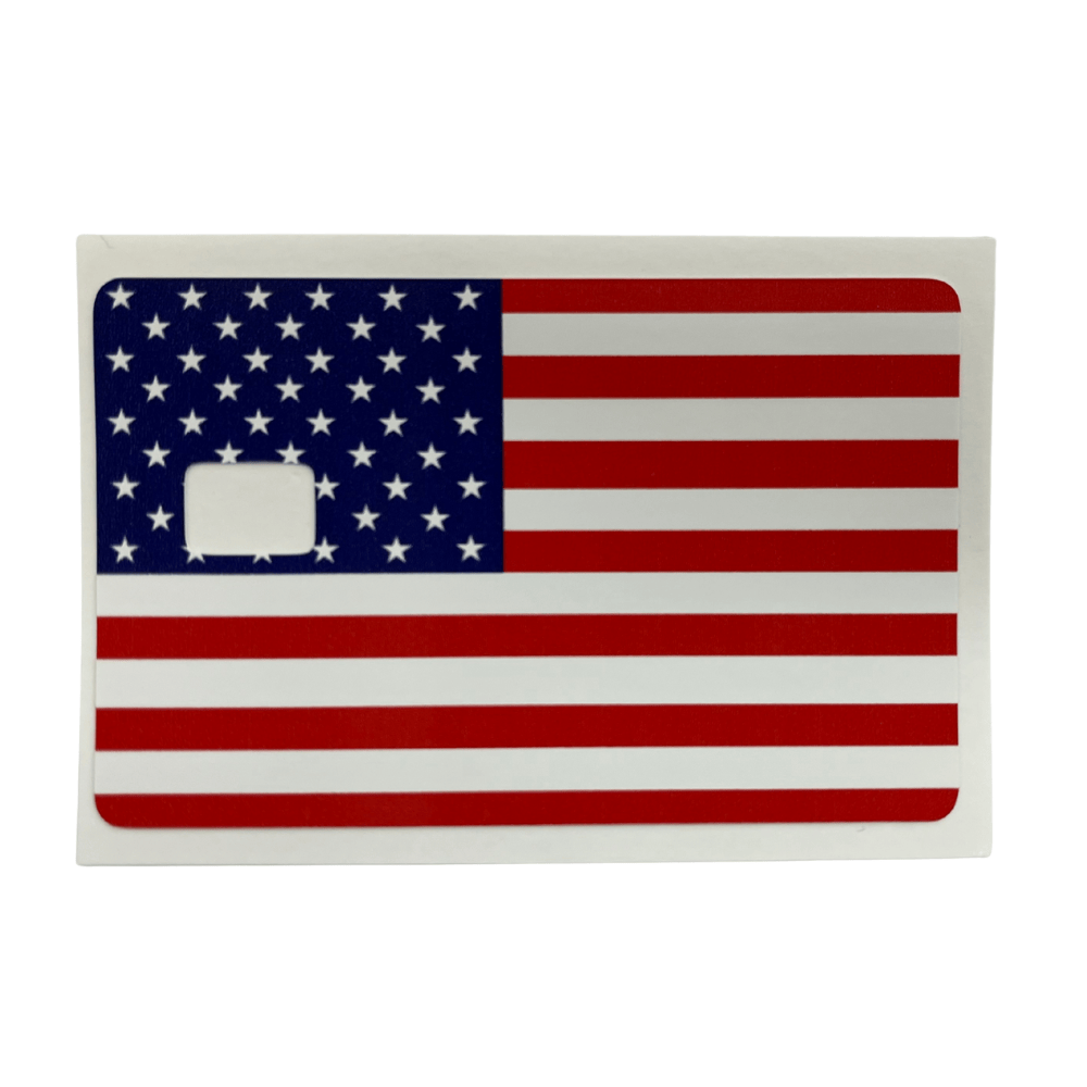 American Flag credit card cover displayed with vibrant red, white, and blue design, showcasing patriotic colors and a smooth finish.