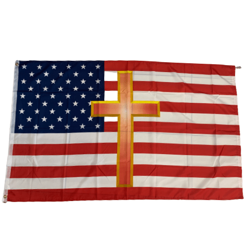 American Flag With Cross 3x5 Flag showing vibrant stars and stripes with a cross overlay displayed outdoors.