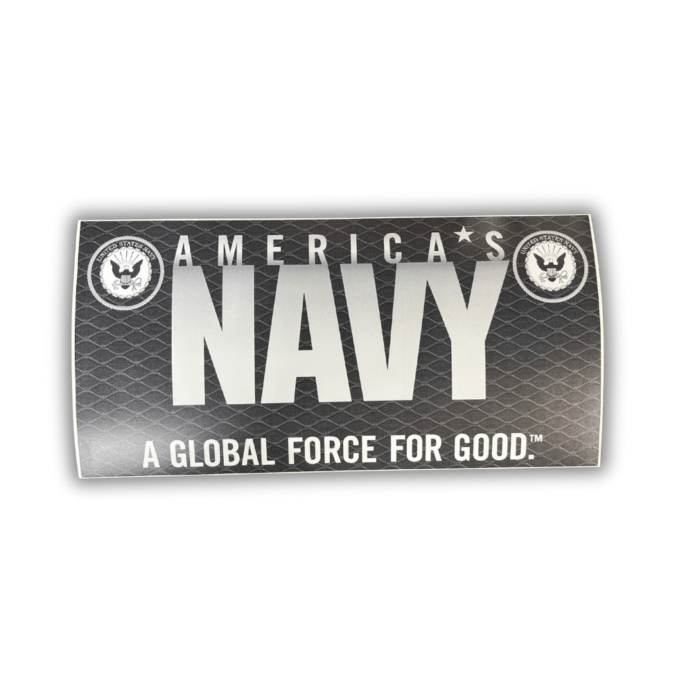 America's Navy bumper sticker, vibrant patriotic design on outdoor-grade vinyl displayed on a car bumper in a sunny environment.