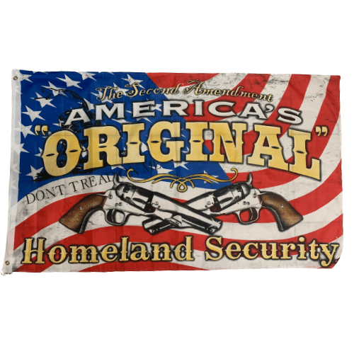 America's Original Homeland Security 3x5 Flag featuring an American flag background and dual Smith and Wesson revolvers, displayed outdoors.