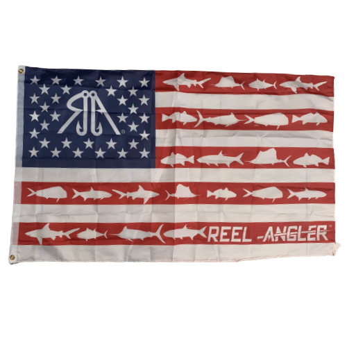 Anglers of America 3x5 flag featuring a patriotic fishing design, perfect for outdoor display on boats or in gardens.