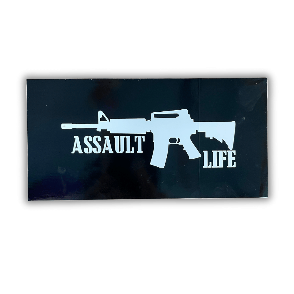 Assault Life Rifle bumper sticker prominently displayed on a car bumper, showcasing a vibrant design that represents American pride.