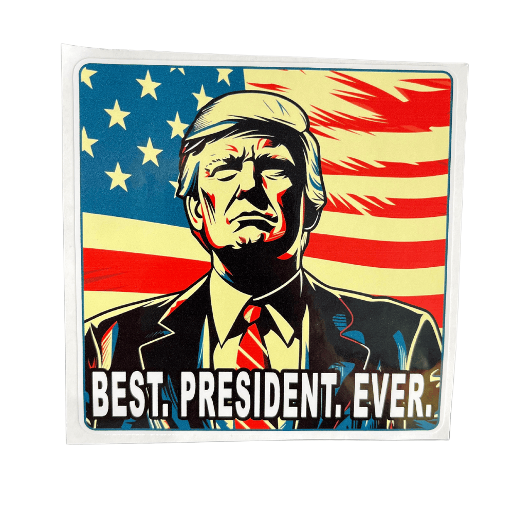 Best Ever Trump Portrait Sticker featuring a bold image of Trump on a laptop, displaying vibrant colors and strong adhesive quality.