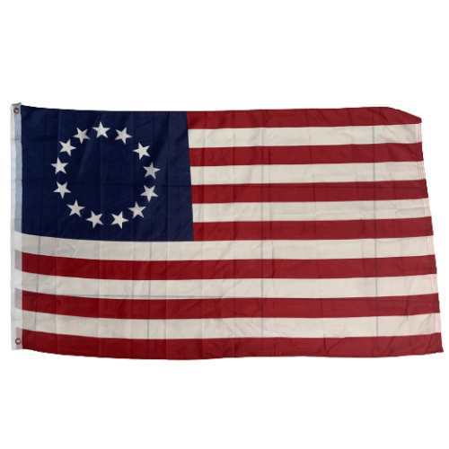 Betsy Ross 3x5 American Flag made of durable nylon with 13 stars displayed outdoors in a patriotic setting.