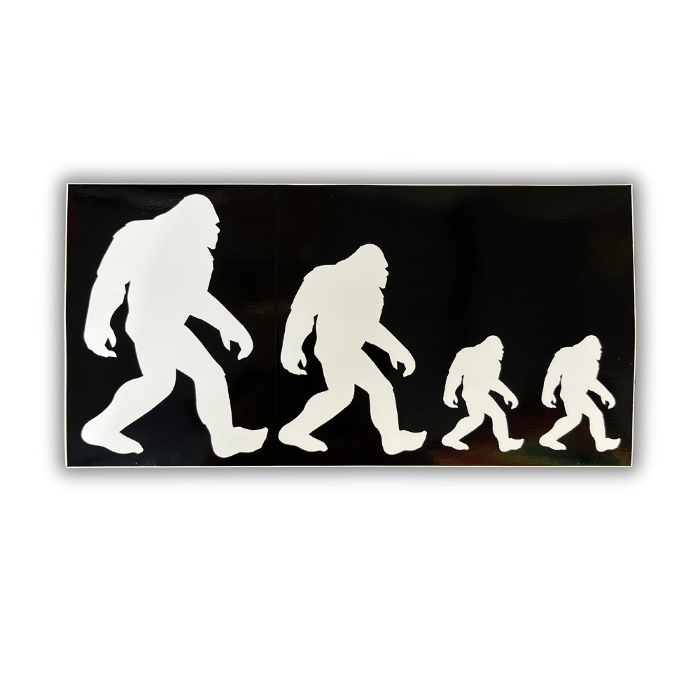 Bigfoot Family bumper sticker on a vehicle, measuring 7.5 x 4 inches, featuring a playful Bigfoot design against an American flag backdrop.