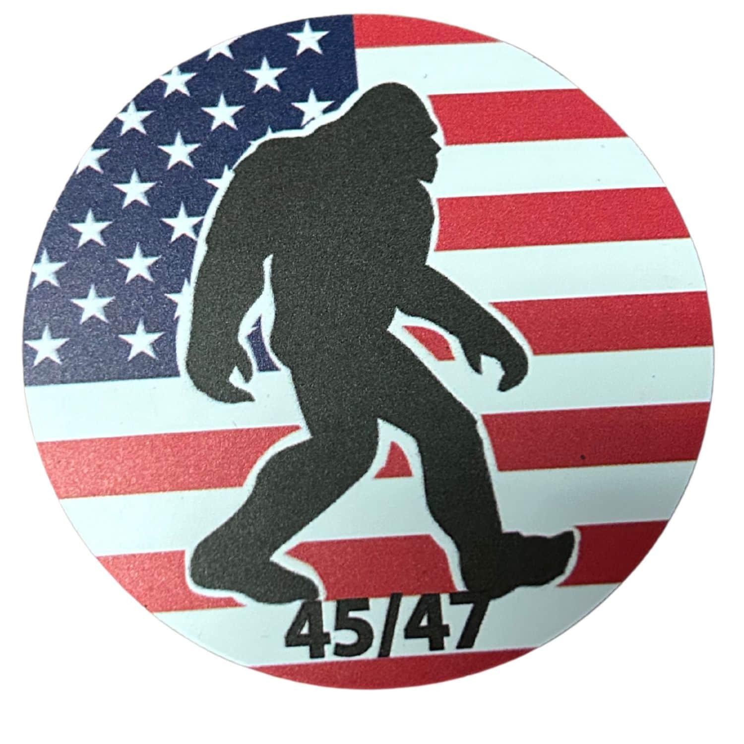 Bigfoot Trump 45/47 magnet displayed on a refrigerator, featuring bright colors and distinctive imagery, ideal for showcasing quirky political support.