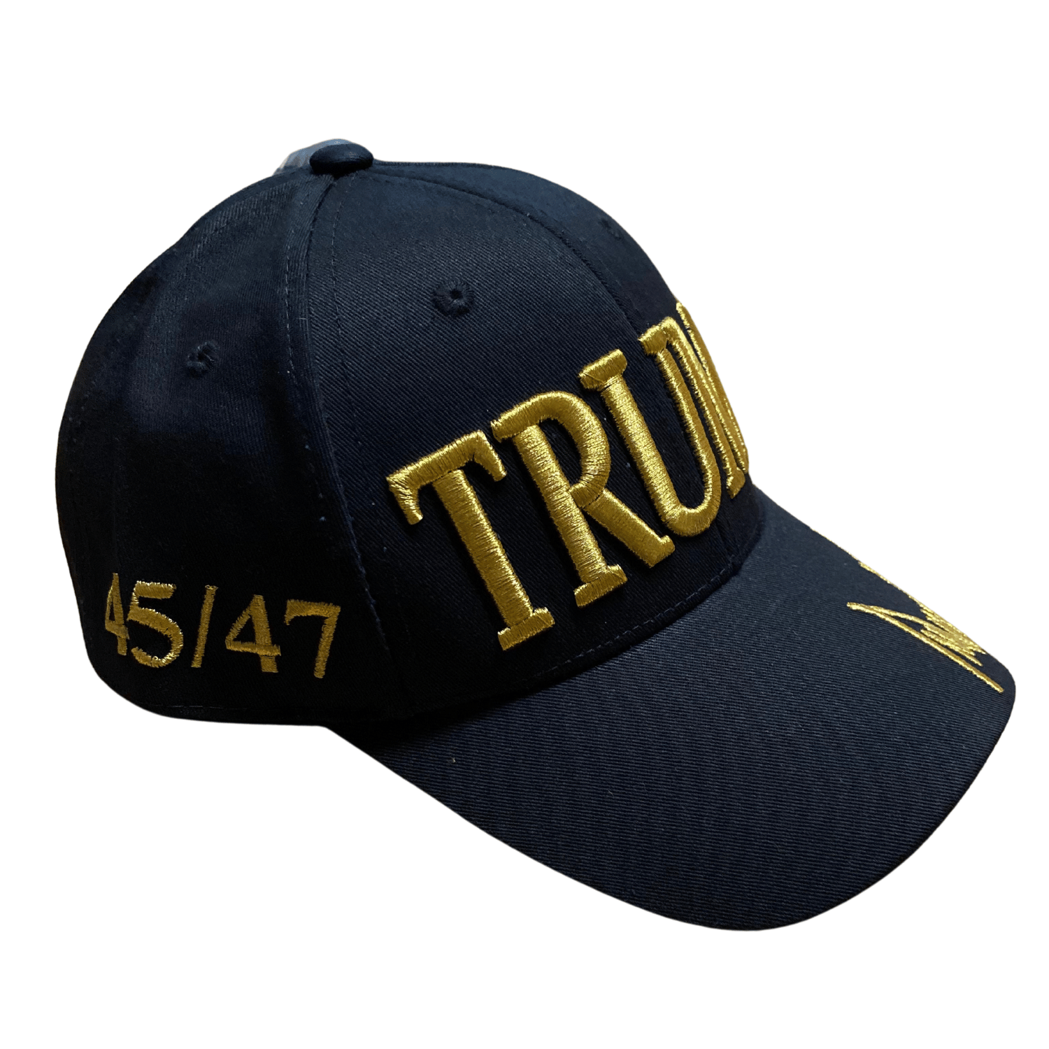 Black & Gold Trump 45/47 Hat with bold gold embroidery of 'TRUMP', '45/47', and USA flag displayed against a stylish black background.