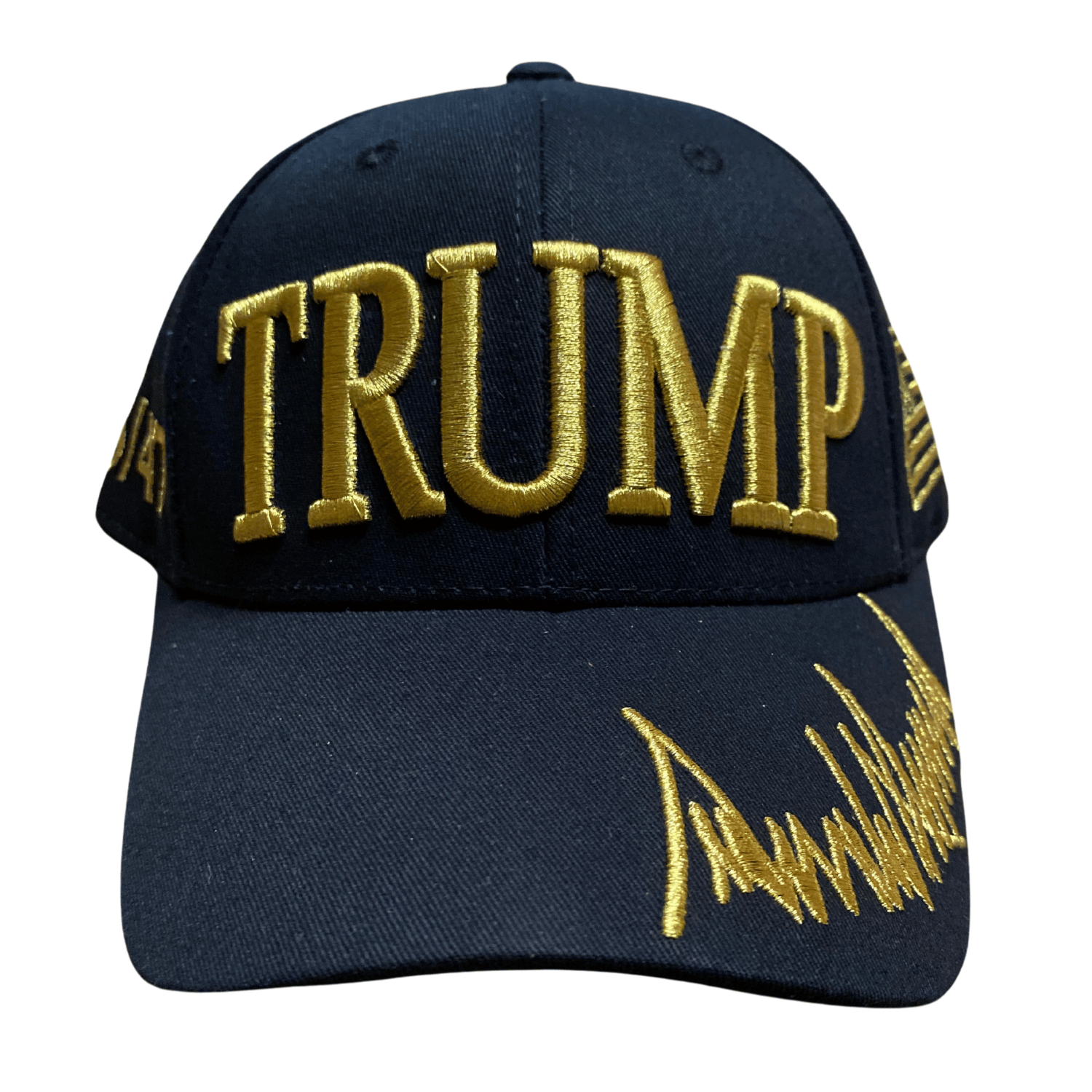 Black & Gold Trump 45/47 Hat with bold gold embroidery of 'TRUMP', '45/47', and USA flag displayed against a stylish black background.