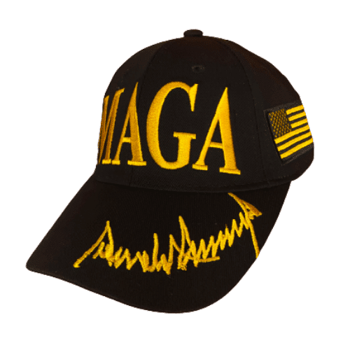 Black MAGA hat featuring gold Donald Trump signature, Presidential Seal, and embroidered MAGA logo, ideal for supporters and events.
