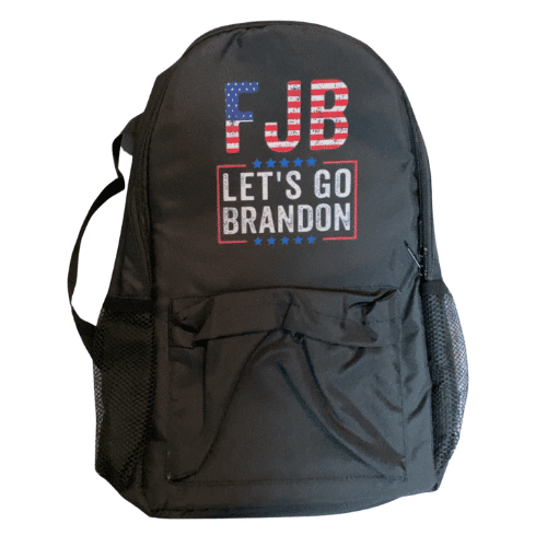 Black Patriotic FJB Let's Go Brandon Backpack featuring the slogan in bold lettering, designed for stylish functionality in everyday settings.