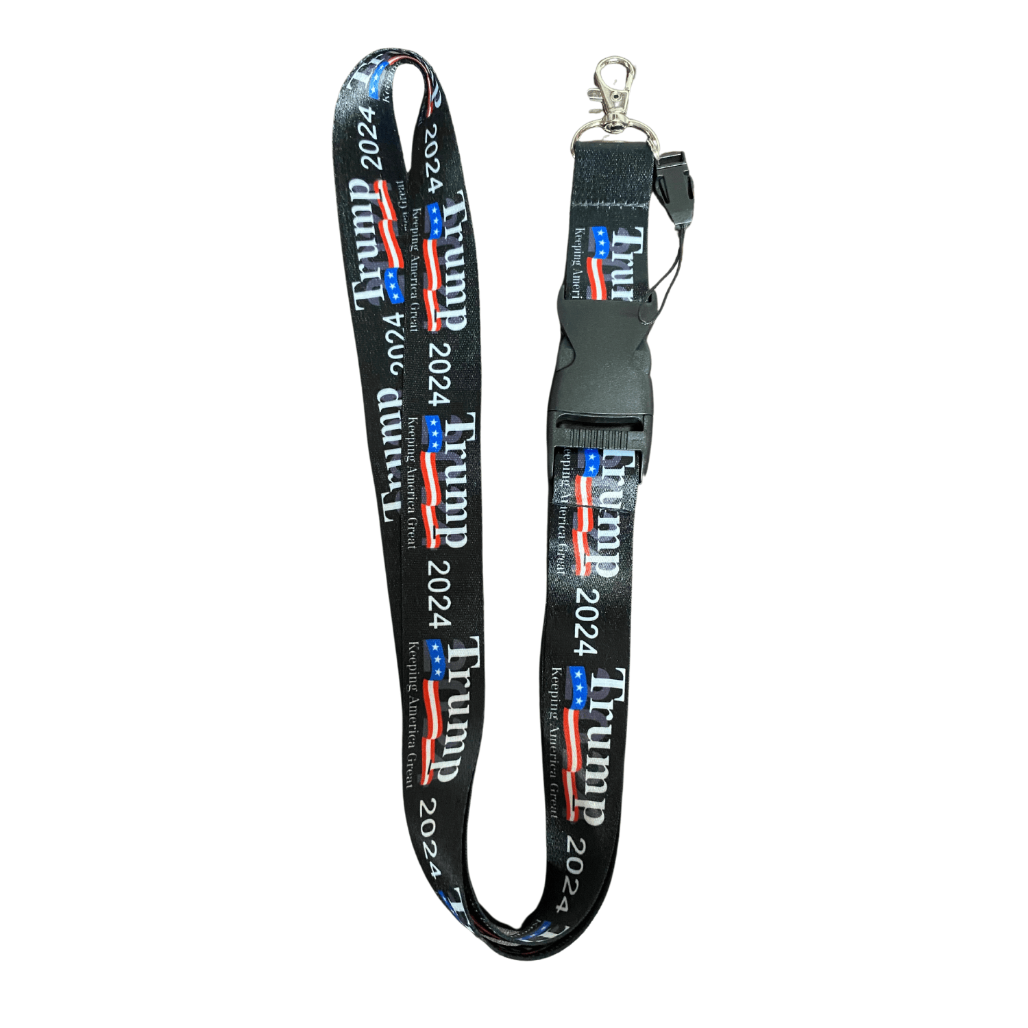 Black Patriotic Trump Keep America Great Lanyard with 'Trump 2024' lettering and American flag accents, showcased in a clean, organized setting.