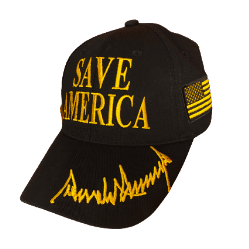 Black 'Save America' hat featuring gold Donald Trump signature and Presidential Seal displayed on a mannequin against a neutral backdrop.