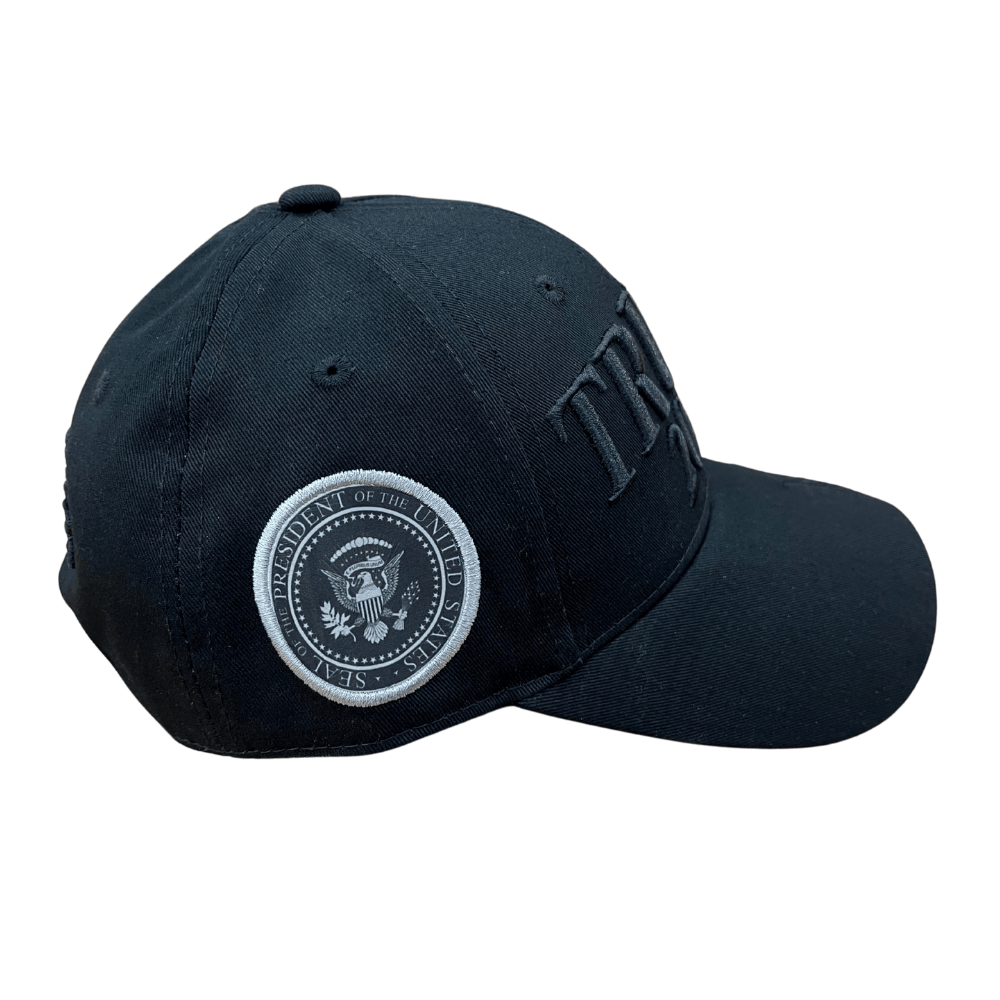 Black Trump 2028 Signature Hat featuring tonal embroidery and Donald Trump's signature on the bill, ideal for political supporters.