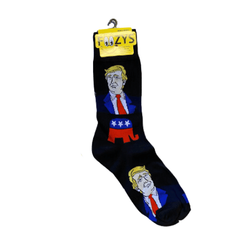 Black Trump Quarter Socks displaying GOP Elephant symbol and President Trump's face, designed for Republican supporters.
