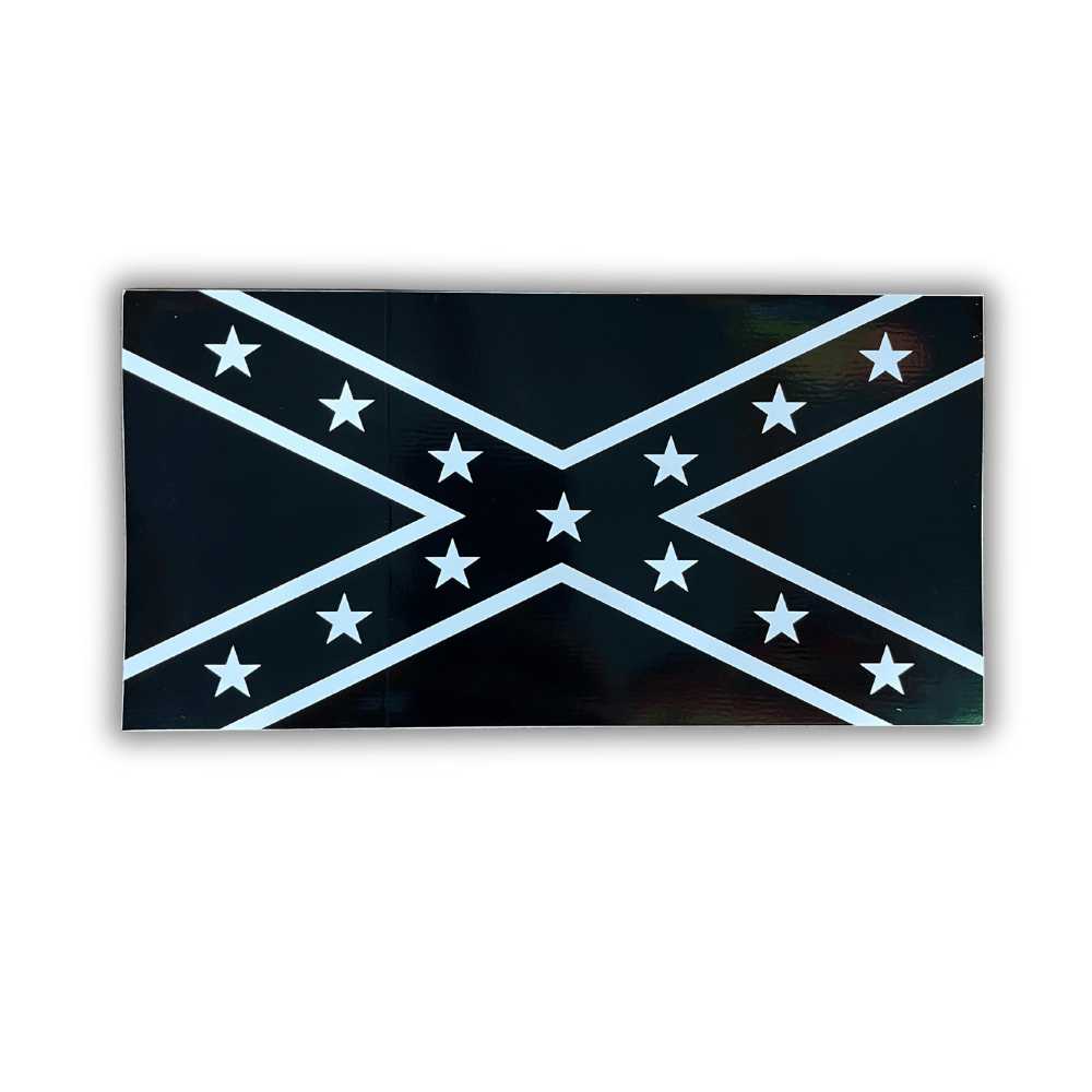Blackout Rebel Flag Bumper Sticker featuring bold design on a vehicle bumper, made from premium outdoor-grade vinyl for durability.