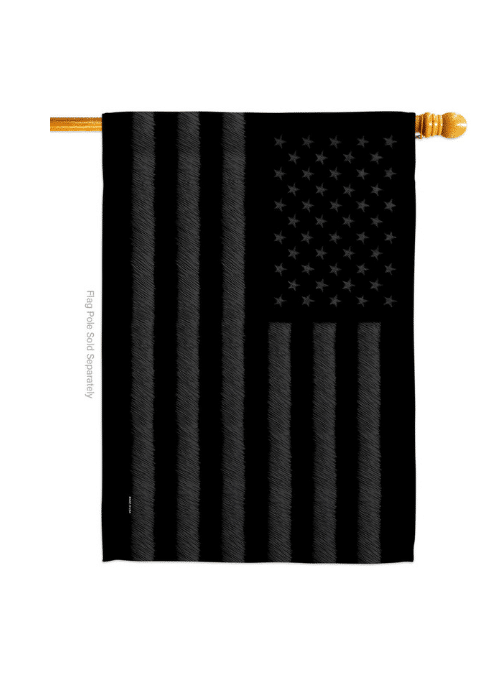 Blackout USA double-sided house flag featuring vibrant colors, displayed on a flagpole in a yard setting, showing American pride.