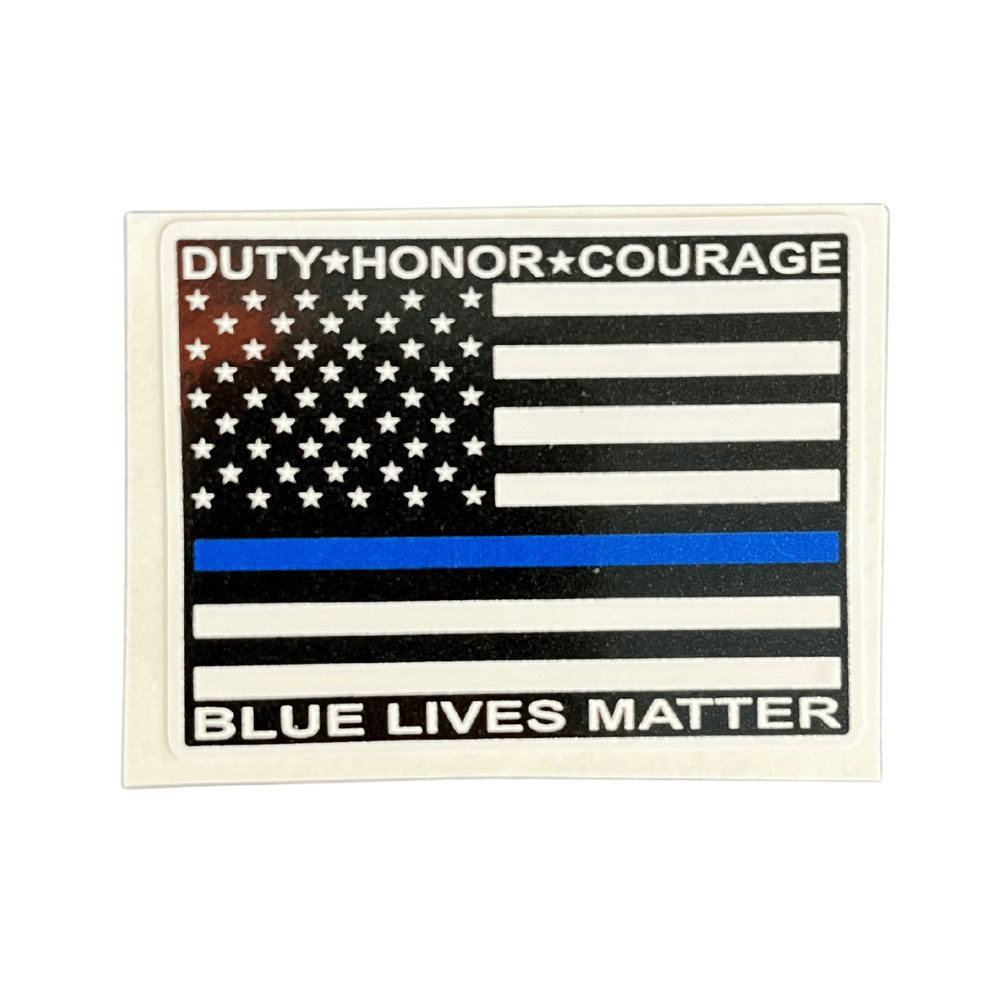 Blue Lives Matter sticker on a laptop showcasing bold graphics that emphasize support for law enforcement and patriotism.