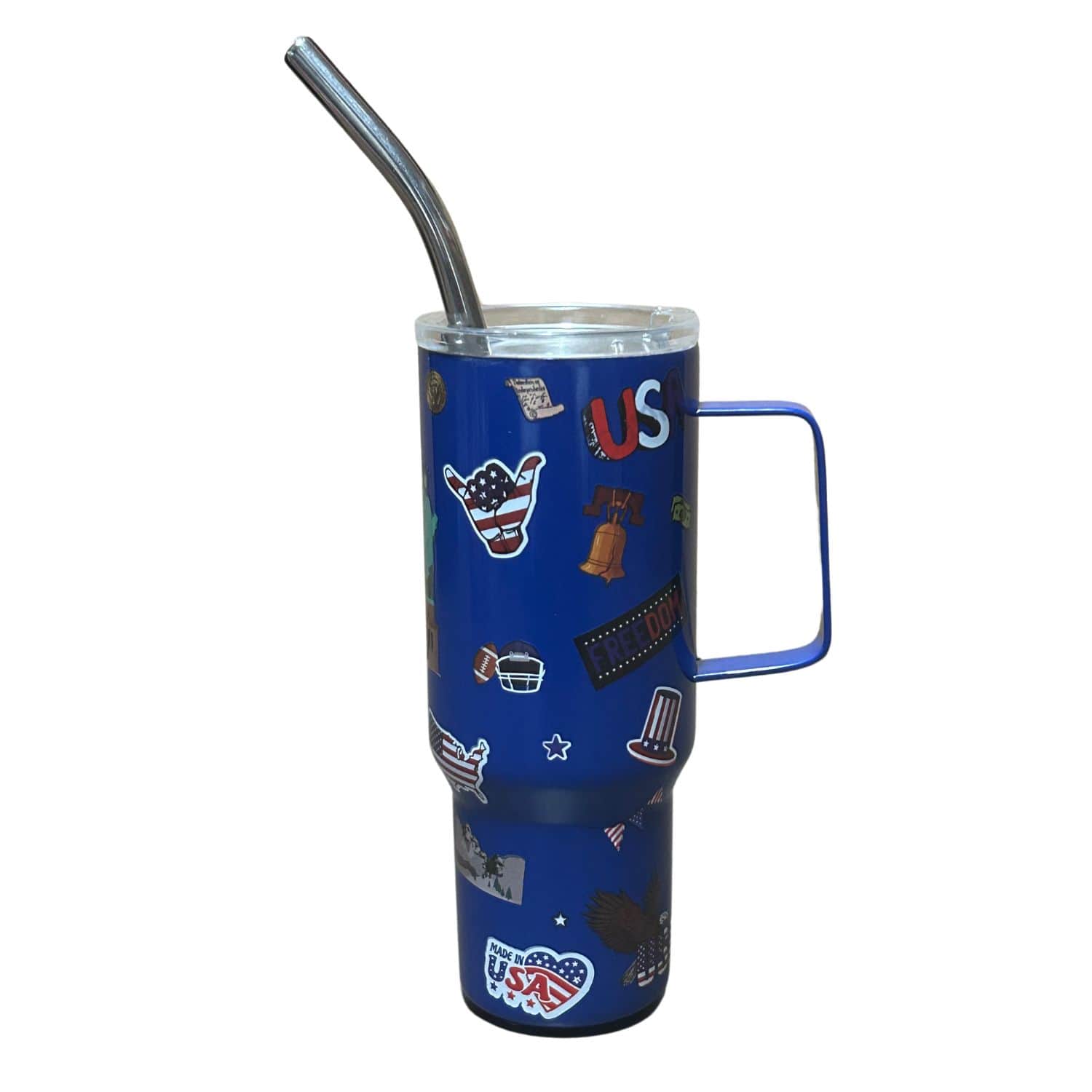 Blue Patriotic Mini Tumbler featuring American flags and eagles, designed for hot and cold beverages, sitting on a table.