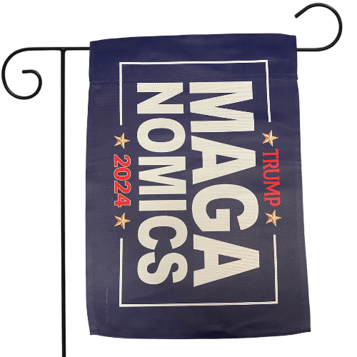 Blue Trump 2024 MAGANOMICS Garden Flag with bold letters fluttering in the breeze, showcasing its vibrant colors and powerful message.