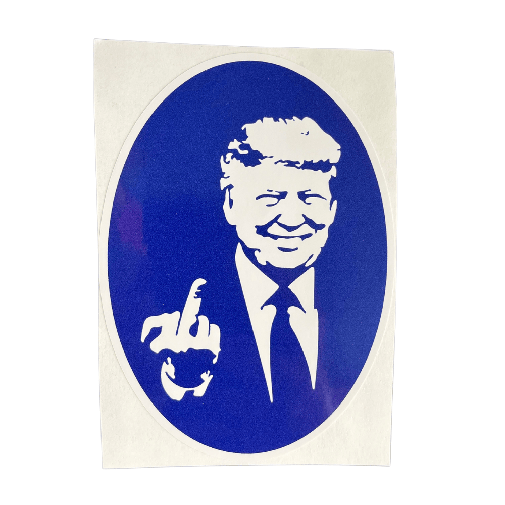 Blue Trump Middle Finger sticker made of durable adhesive vinyl, displaying a middle finger graphic in bold blue shades, ideal for various surfaces.