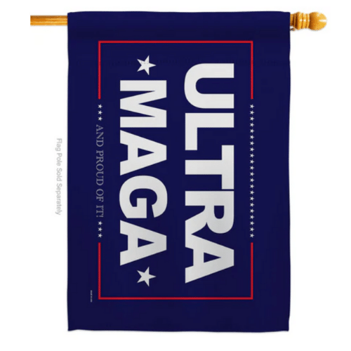 Blue Ultra MAGA and Proud of It House Flag, double-sided with bold design, displayed on a flagpole in an outdoor setting.