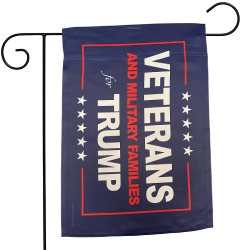 Blue Veterans And Military Families For Trump Garden Flag on display in a yard, featuring bold text and a vibrant blue background.