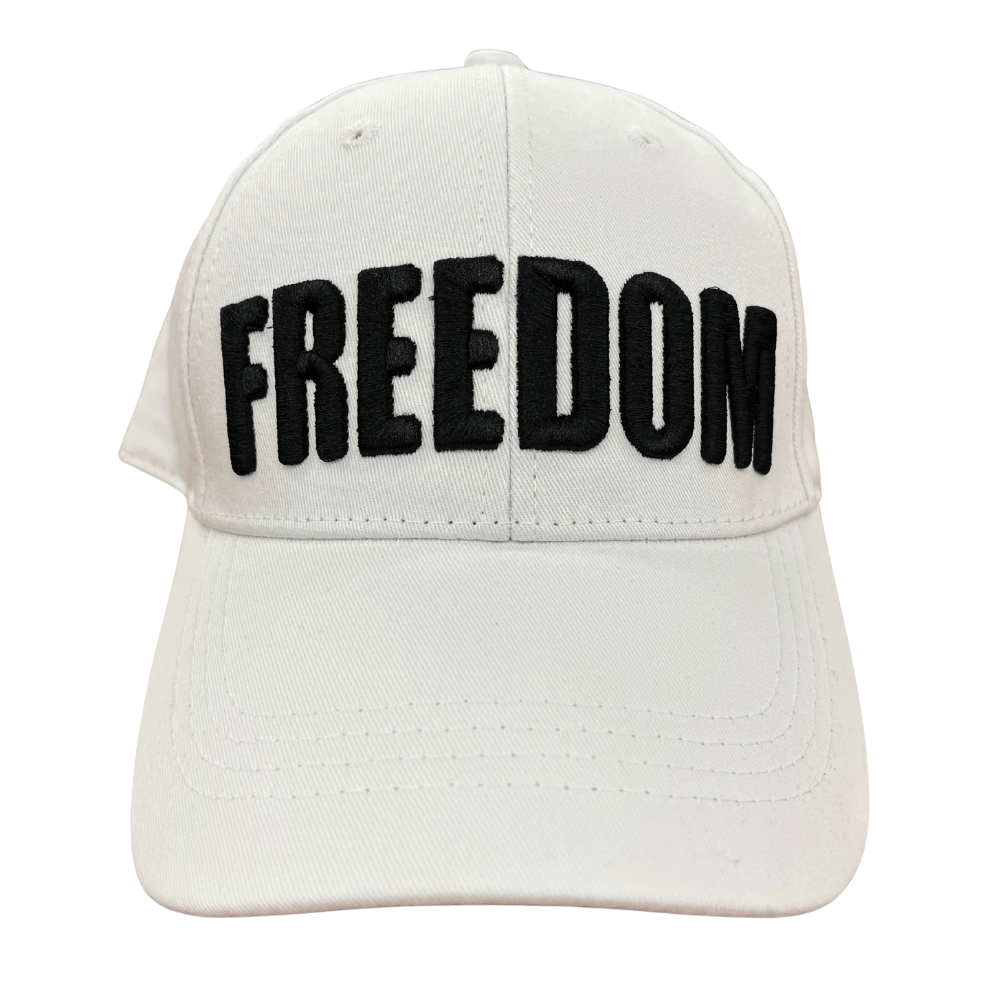 Charlie Kirk Freedom White Hat featuring bold black 'FREEDOM' embroidery on a white cotton twill background, perfect for showcasing American values.