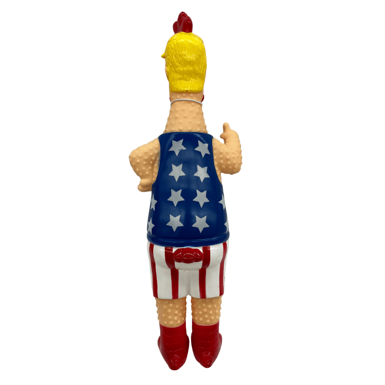 Brightly colored Chicken Trump Squeaky Toy in red, white, and blue with Trump's hairstyle and hand gestures, designed for fun and laughter.