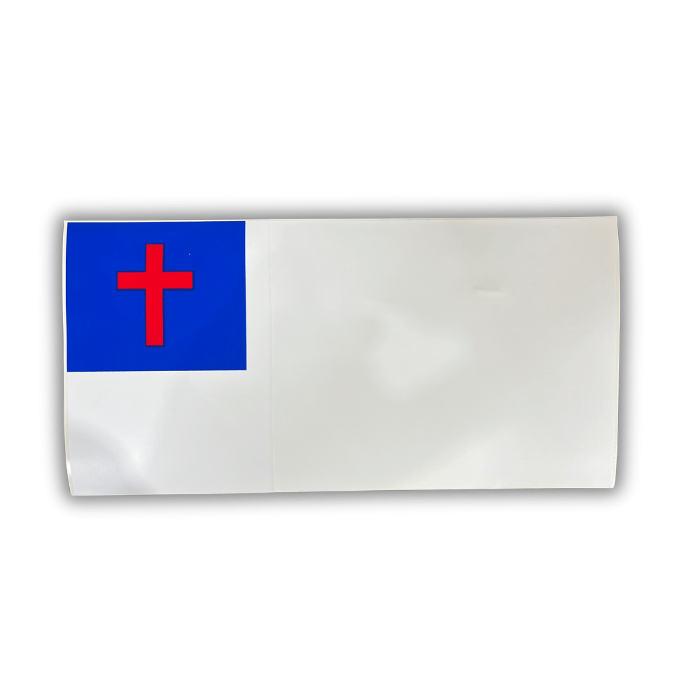 Christian Flag bumper sticker measuring 7.5x4 inches, featuring bold patriotic design on a car bumper, ready for outdoor display.