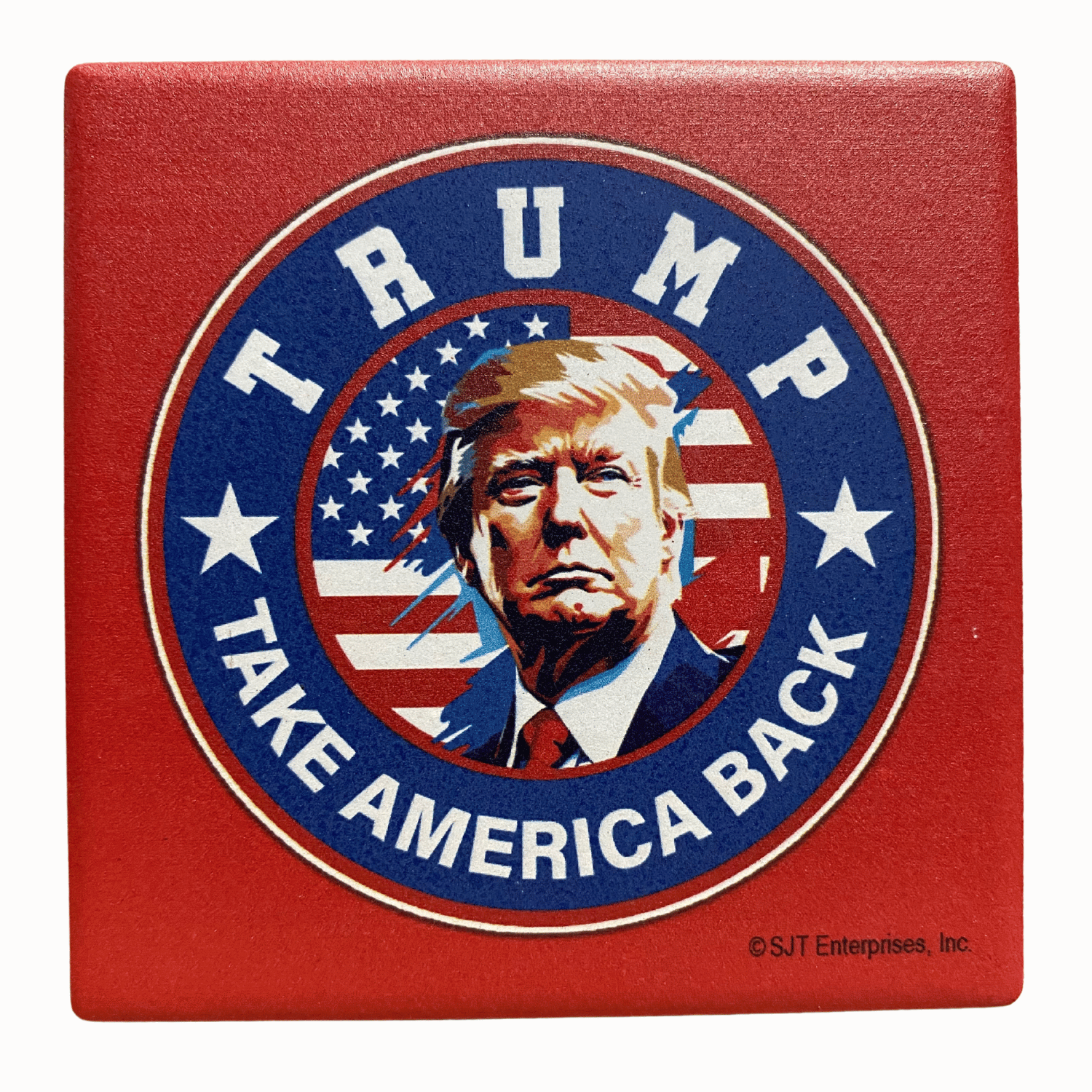Circular Trump Take America Back Square Absorbable Stone Coaster featuring Trump's portrait on American flag design, measuring 4x4 inches.