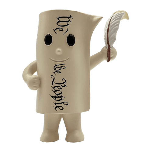 The Constitution Pocket Patriot figurine, 4.25 inches tall, depicting a personified scroll holding a feather quill, displayed on a shelf.