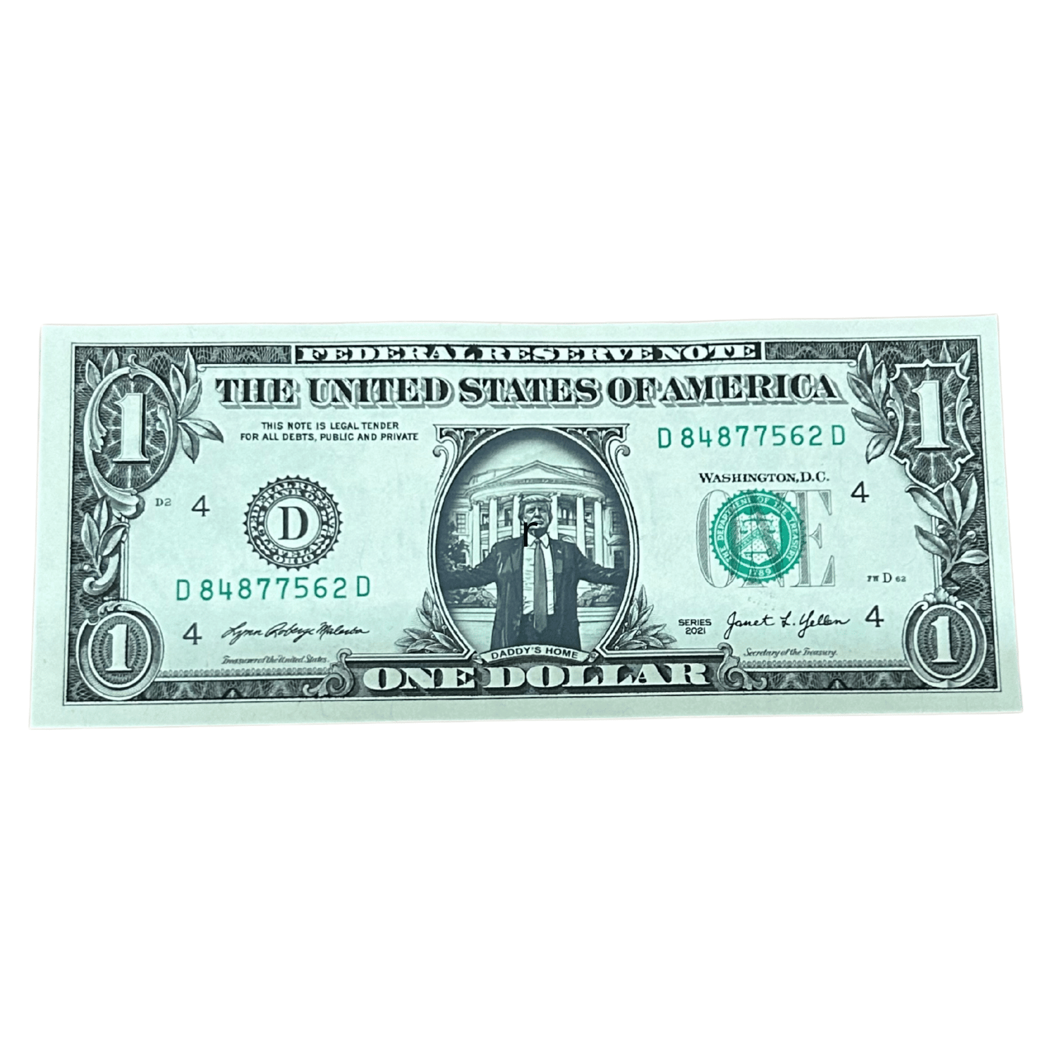 Daddy's Home Trump Dollar featuring a laminated sticker of Donald Trump on a genuine U.S. dollar bill, shown in protective sleeve.