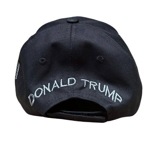 Dark MAGA Hat 45/47 featuring bold 'Make America Great Again' front and '45/47' side embroidery, ideal for rallies and everyday wear.