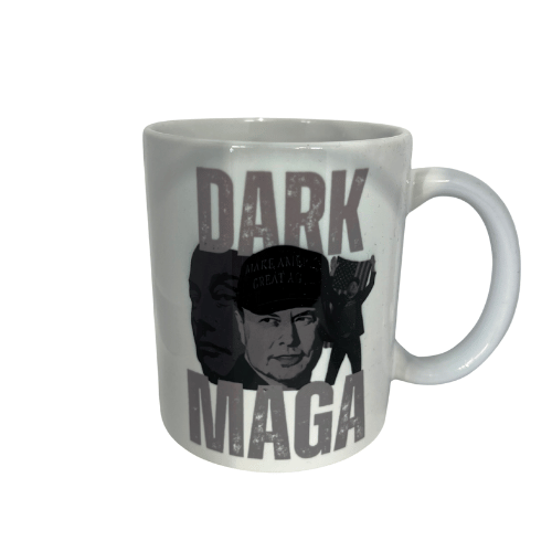 Dark MAGA Mug with Donald Trump design in grayscale, featuring the words 'DARK MAGA' in distressed lettering against a shadowy backdrop.