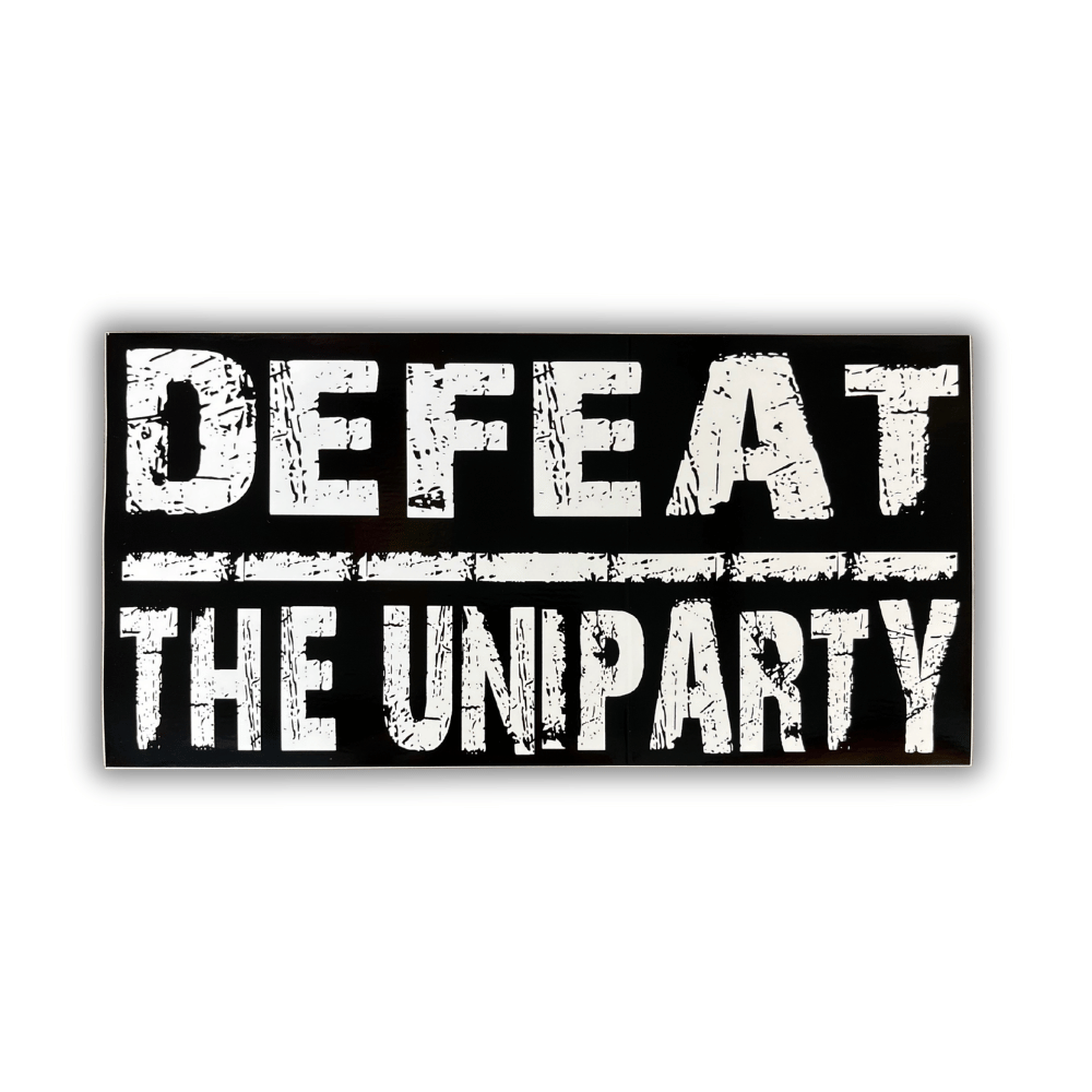 Defeat The Uniparty bumper sticker, 7.5 x 4 inches, showing bold patriotic design on a car bumper against an outdoor backdrop.
