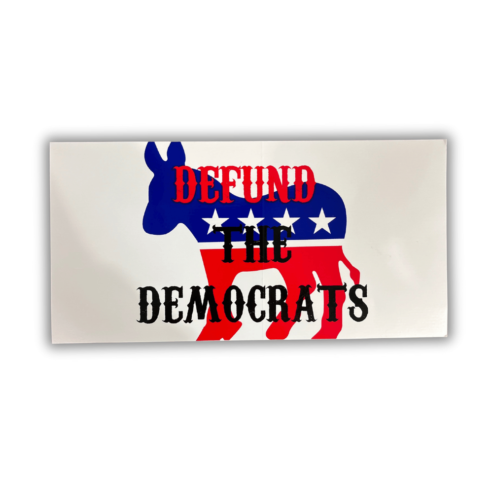 Defund The Democrats bumper sticker in high visibility colors applied on the rear bumper of a car, showcasing a patriotic statement.