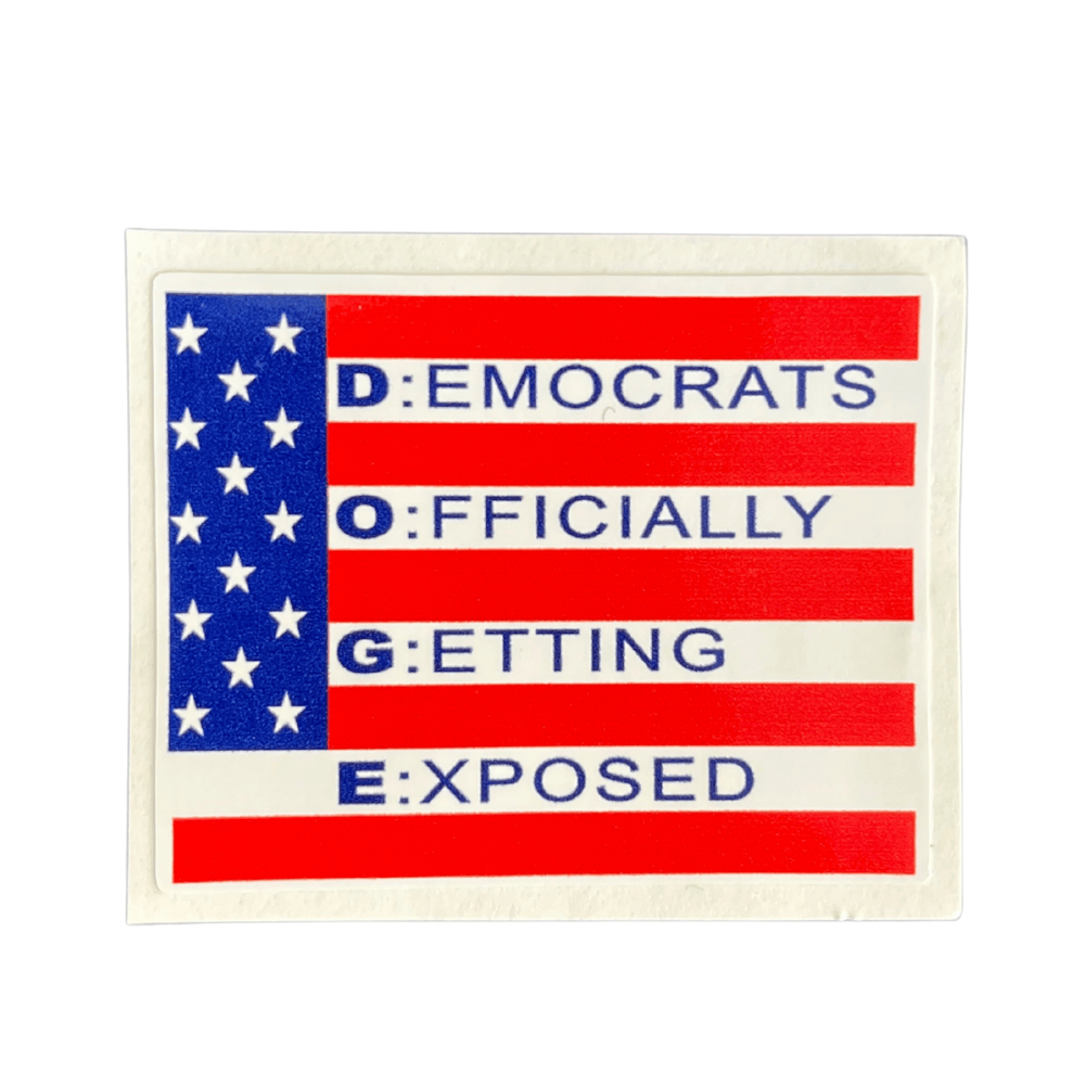 Democrats Exposed sticker made of durable adhesive vinyl, featuring patriotic artwork, displayed on a smooth surface, conveying a strong political message.