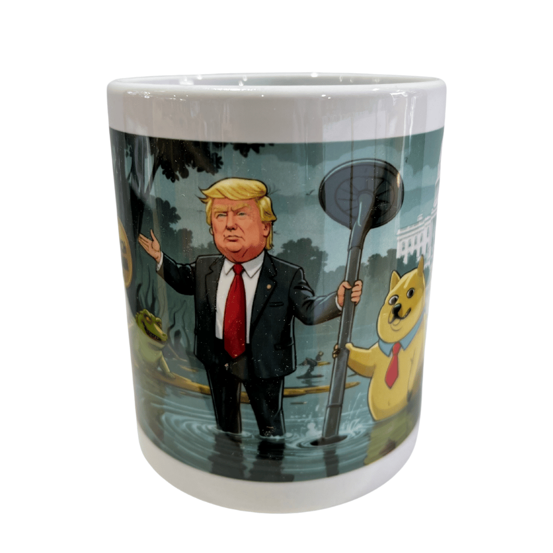 D.O.G.E. 'Draining Excess' Swamp Mug with colorful illustration of Trump wading through swamp creatures, designed for coffee lovers.