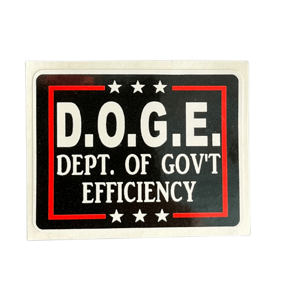 Doge Efficiency Sticker displayed on a laptop, featuring bold patriotic themes and vibrant colors, representing American values.