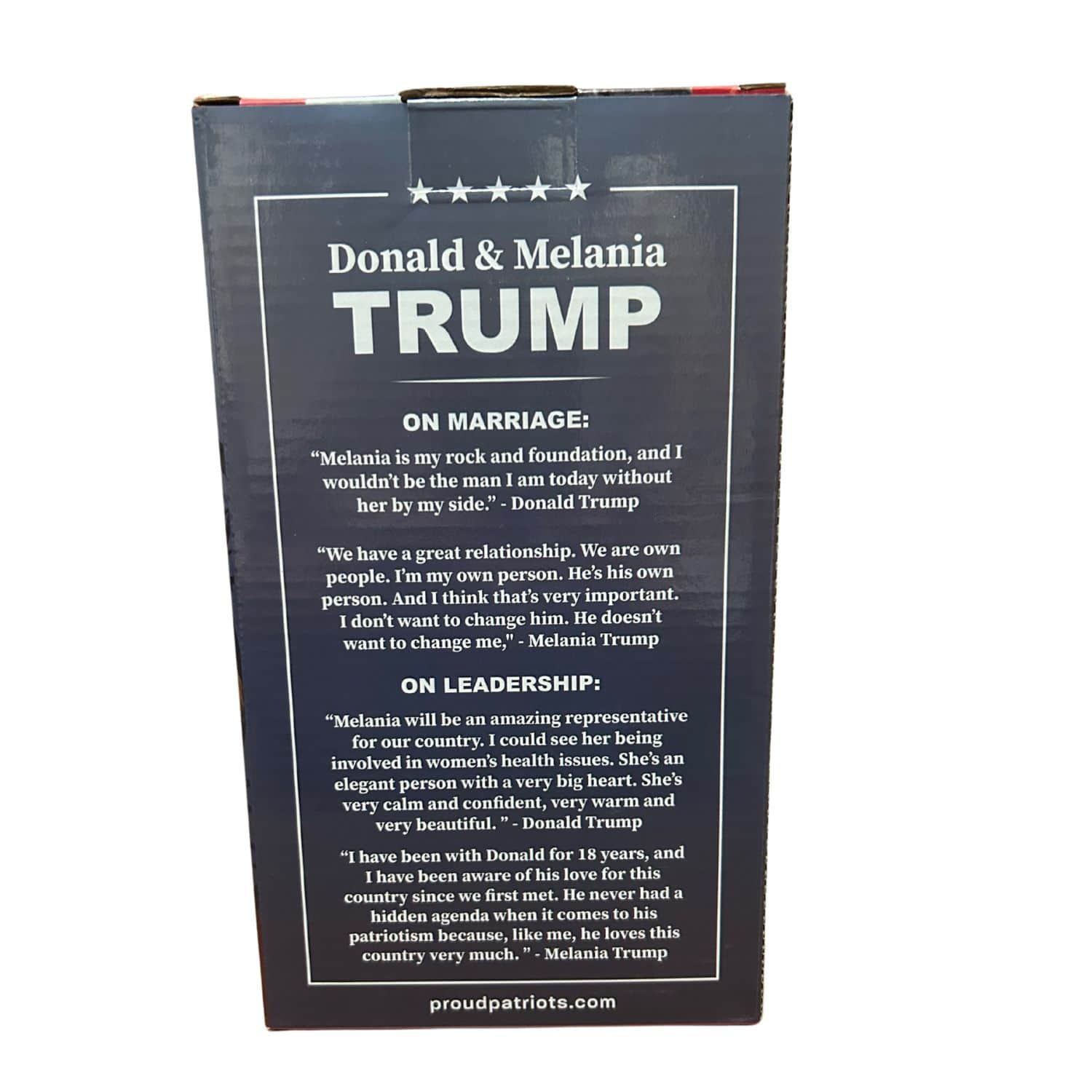 Donald & Melania Trump Bobblehead featuring the couple in signature outfits, displayed on a star-spangled base for patriotic appeal.